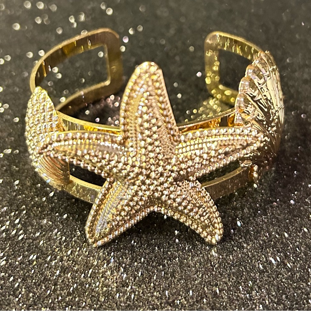 Gold Starfish and Shell Cuff Bracelet